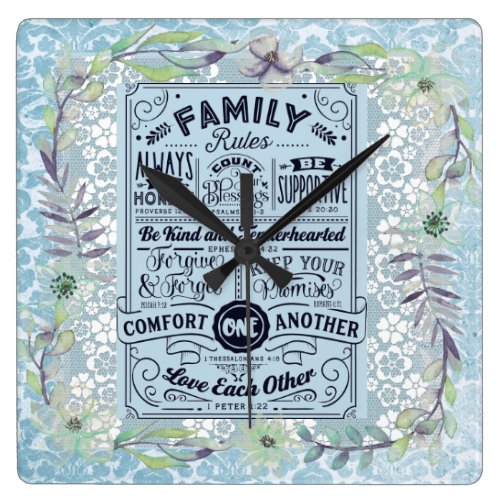 "Family Rules" Farmhouse Chic Blue Scripture Square Wall Clock