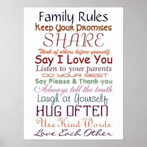 Family Rules for Togetherness Poster 12x16