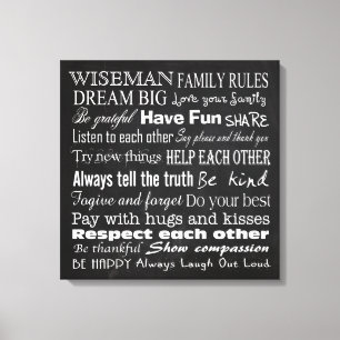 Family Rules Last Name 20x20 Wrapped Canvas Print