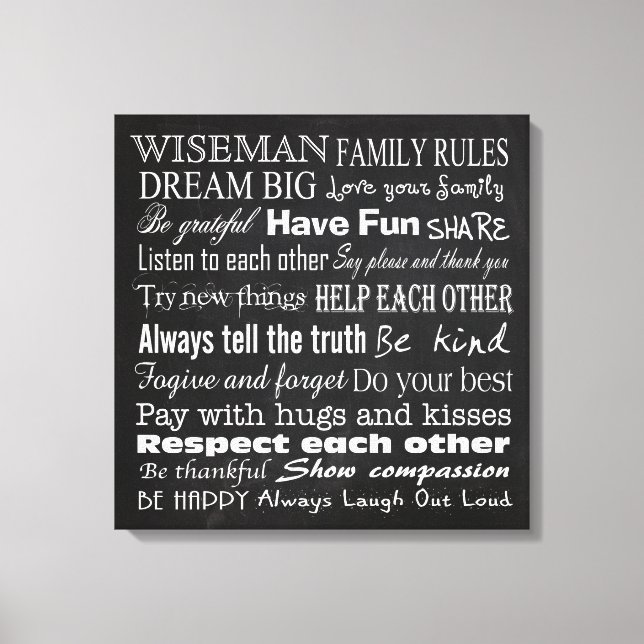 Family Rules Last Name 20x20 Wrapped Canvas Print (Front)