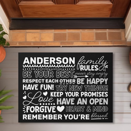 Family Rules Personalized Name Positive Black Doormat