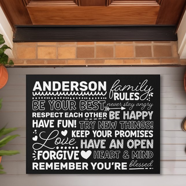 Family Rules Personalized Name Positive Black Doormat (Creator Uploaded)
