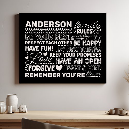 Family Rules Personalized Name Positive Black Faux Canvas Print