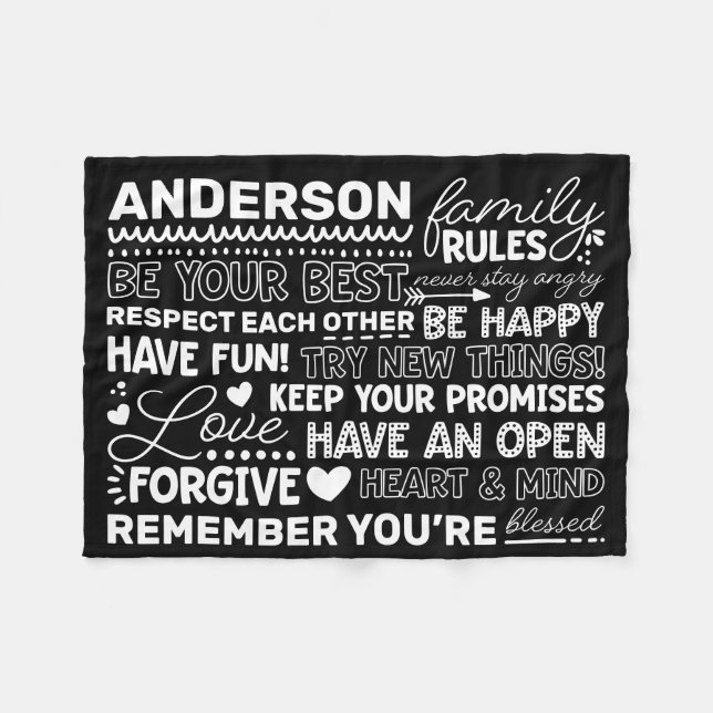 Family Rules Personalized Name Positive Black Fleece Blanket (Front (Horizontal))