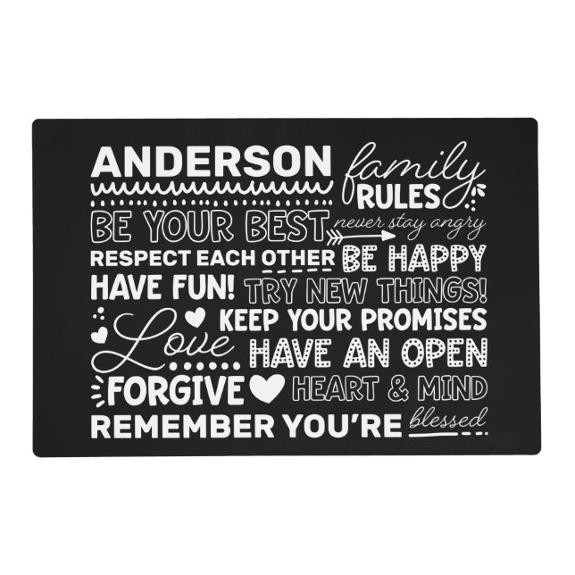 Family Rules Personalized Name Positive Black Placemat (Front)