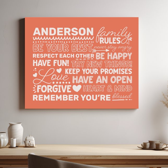 Family Rules Personalized Name Positive Coral Faux Canvas Print (Creator Uploaded)