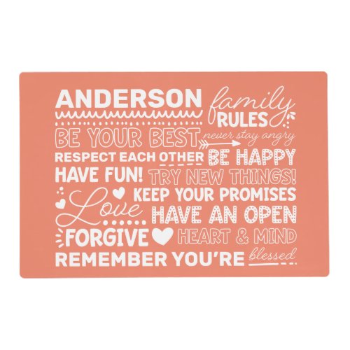 Family Rules Personalized Name Positive Coral Placemat