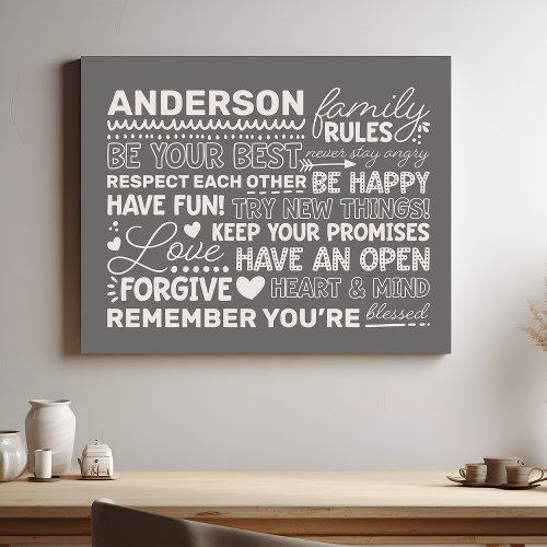 Family Rules Personalized Name Positive Gray Faux Canvas Print