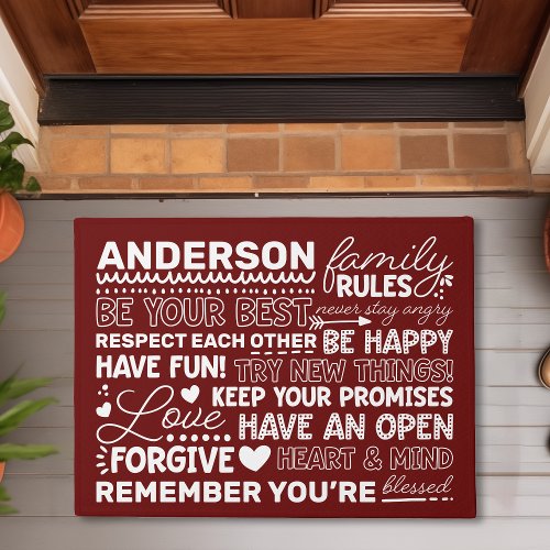 Family Rules Personalized Name Positive Maroon Doormat