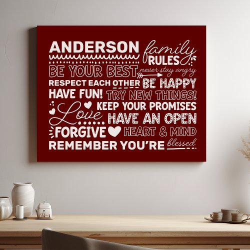 Family Rules Personalized Name Positive Maroon Faux Canvas Print