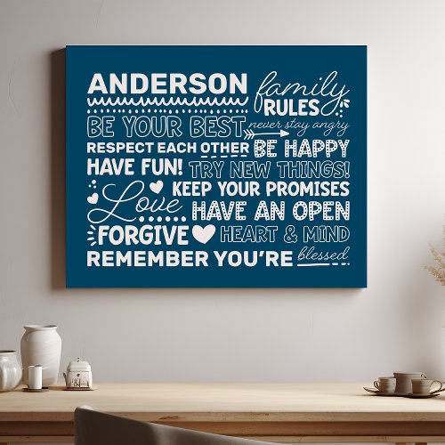 Family Rules Personalized Name Positive Navy Blue Faux Canvas Print