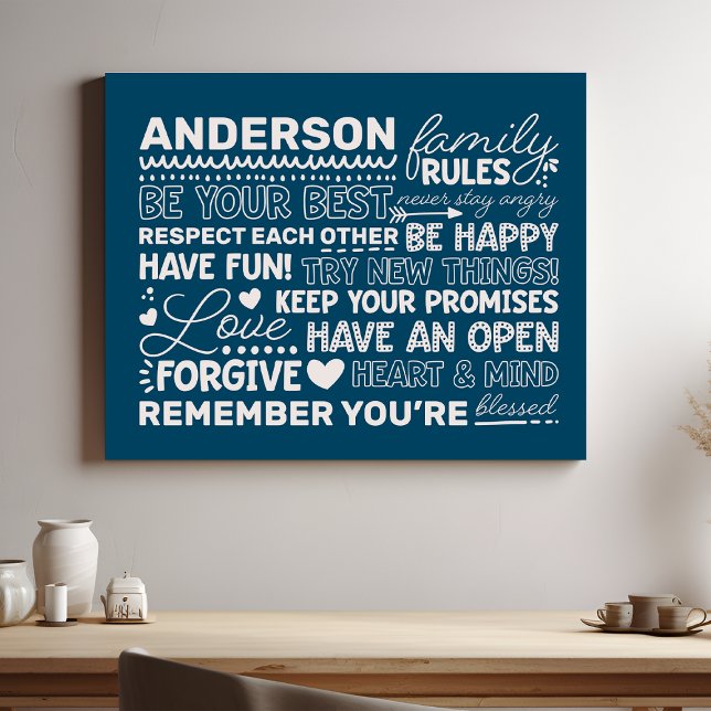Family Rules Personalized Name Positive Navy Blue Faux Canvas Print (Creator Uploaded)