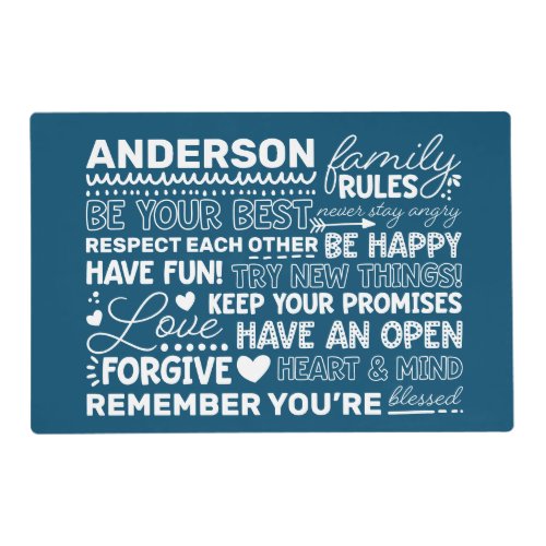 Family Rules Personalized Name Positive Navy Blue Placemat