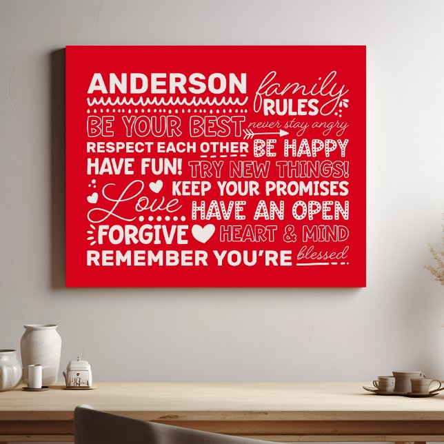 Family Rules Personalized Name Positive Red Faux Canvas Print (Creator Uploaded)