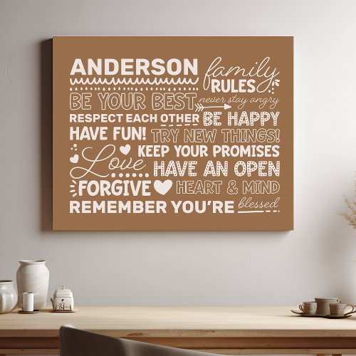 Family Rules Personalized Name Positive Tan Faux Canvas Print