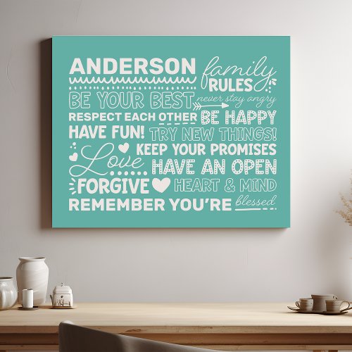 Family Rules Personalized Name Positive Teal Faux Canvas Print