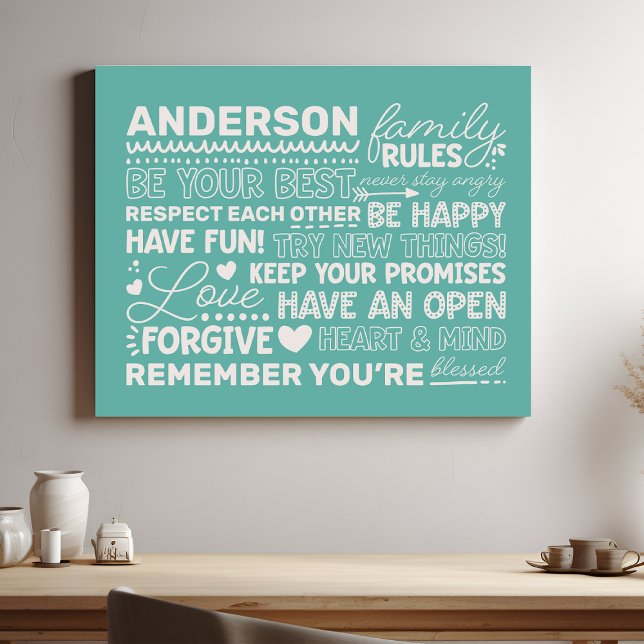 Family Rules Personalized Name Positive Teal Faux Canvas Print (Creator Uploaded)