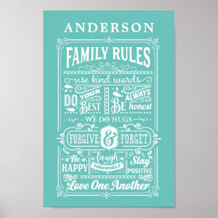 Family Rules Teal Personalized Poster