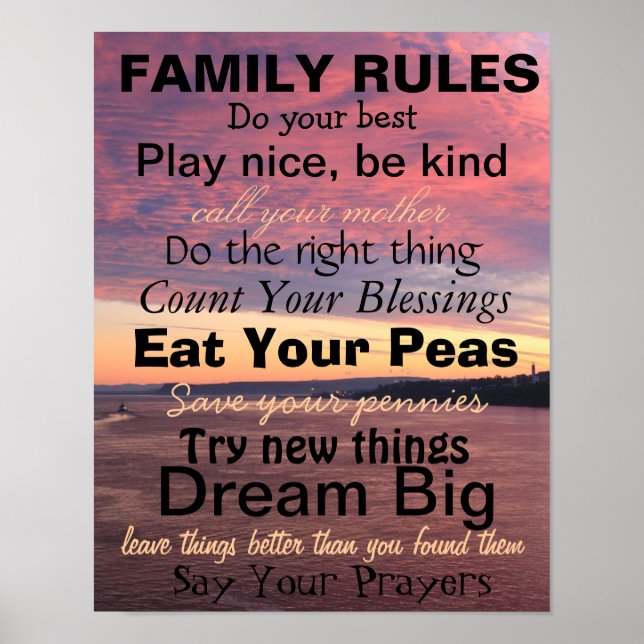 FAMILY RULES, Words of Wisdom, Ocean Sunset Poster (Front)