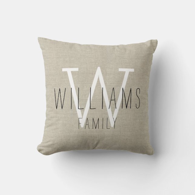 Family Rustic Linen Monogrammed Throw Pillow (Front)