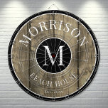 Family Rustic Wood Dart Board<br><div class="desc">This rustic dartboard is the perfect addition to your family beach house, lake house, game room, man cave, and more. It features a bold initial monogram at the center, with your family name proudly displayed at the top. The bottom reads "Beach House, " but this can be customized to fit...</div>