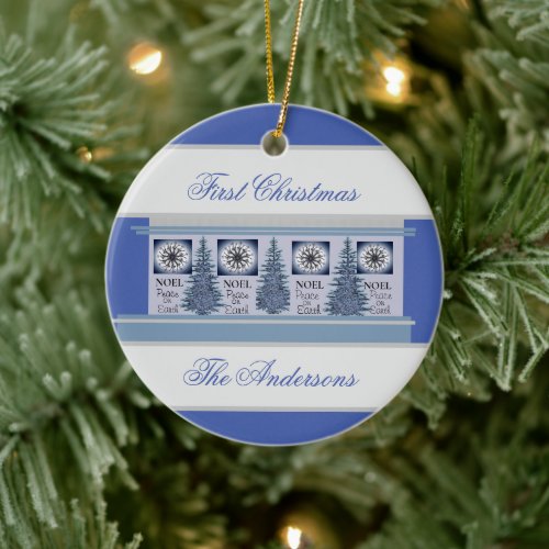 Familyâs First Christmas in blues personalized Ceramic Ornament