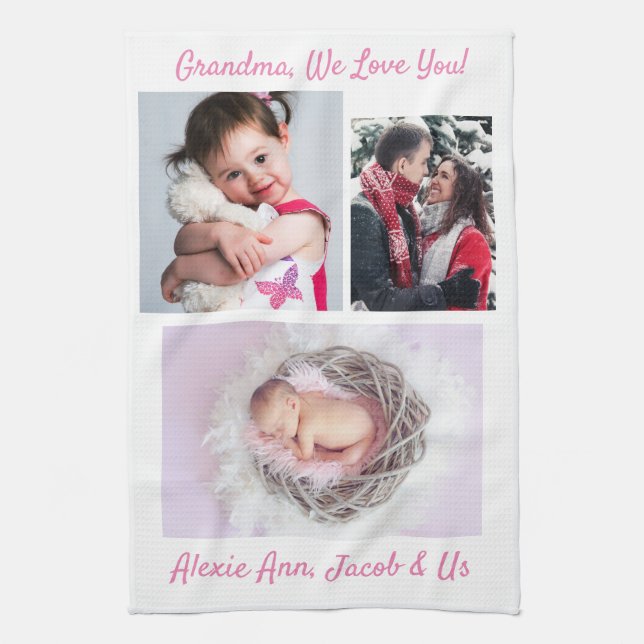 Family says, "I Love You" Grandma, DIY White Pink Kitchen Towel (Vertical)
