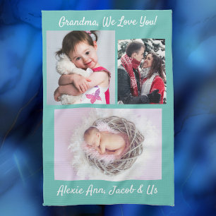 Family says, "I Love You" Grandma Personalize Teal Kitchen Towel