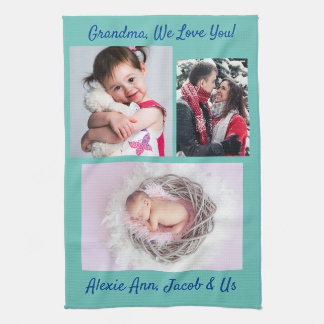 Family says, "I Love You" Grandma Personalize Teal Kitchen Towel (Vertical)