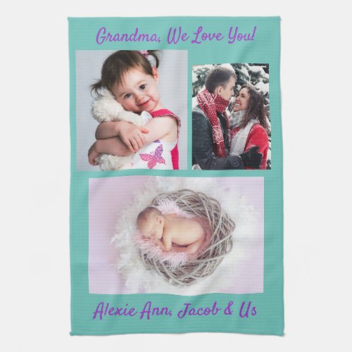 Family says I Love You Grandma Personalize Teal Kitchen Towel
