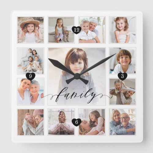 Family Script Family Memory Photo Grid Collage Square Wall Clock