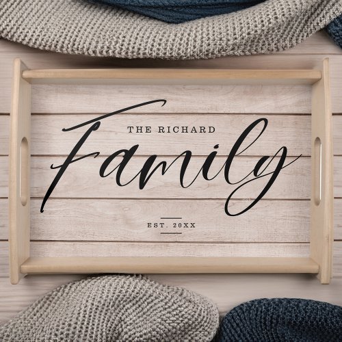 Family Script Faux Light Wood Plank Custom Name Serving Tray