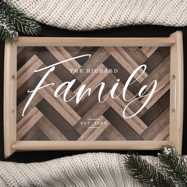 Family Script Faux Wood Herringbone Family Name Serving Tray (Family Script Faux Wood Herringbone Family Name Serving Tray)