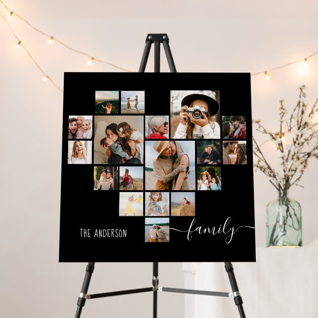 Family script heart shaped black 18 photo collage  foam board (In Situ (Stand))