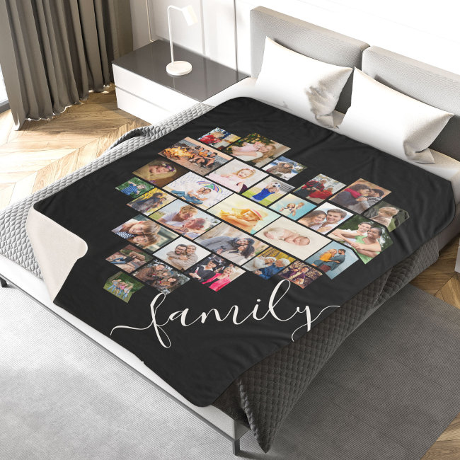 Family Script Heart Shaped Photo Collage Sherpa Blanket