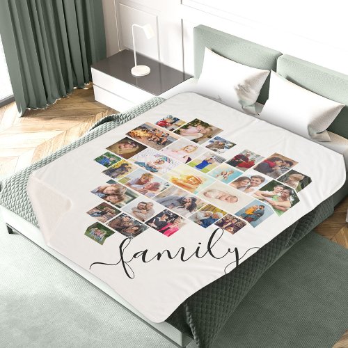 Family Script Heart Shaped Photo Collage White Sherpa Blanket