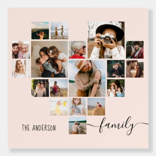 Family script heart shaped pink 18 photos collage foam board