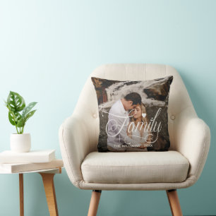 Family Script Heart Text Overlay 2 Photos Throw Pillow
