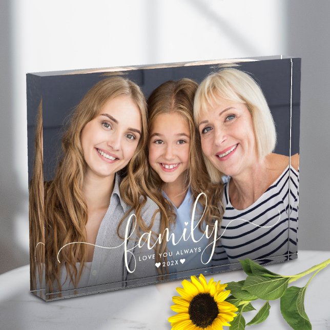 Family Script Heart Three Generation Modern Custom Photo Block (Creator Uploaded)