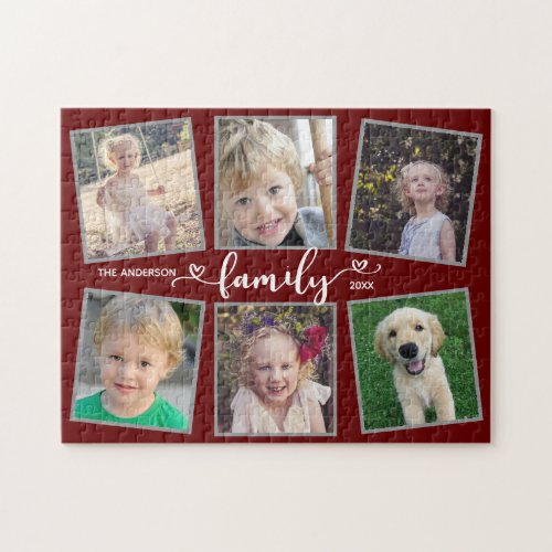Family Script Hearts Dark Red Photo Collage Jigsaw Puzzle