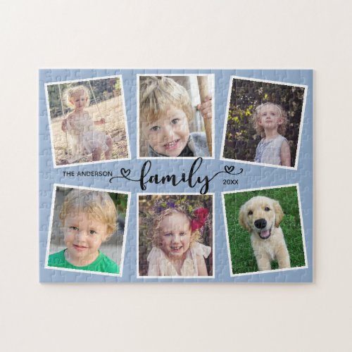 Family Script Hearts Dusty Blue Photo Collage Jigsaw Puzzle