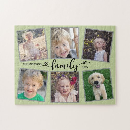 Family Script Hearts Green Photo Collage Jigsaw Puzzle