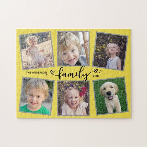 Family Script Hearts Yellow Photo Collage Jigsaw Puzzle