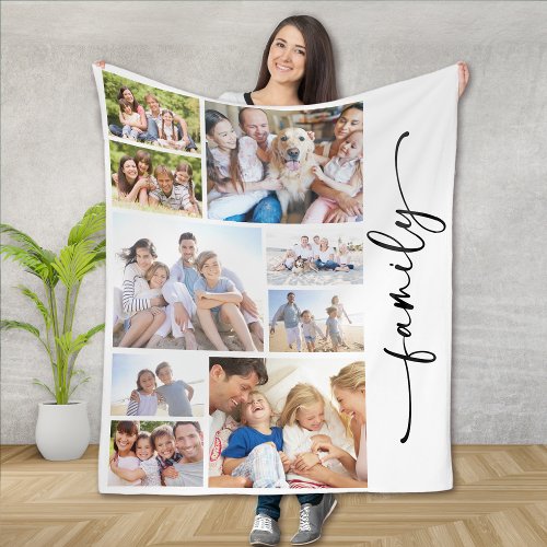 Family Script Multi Photo Collage Fleece Blanket