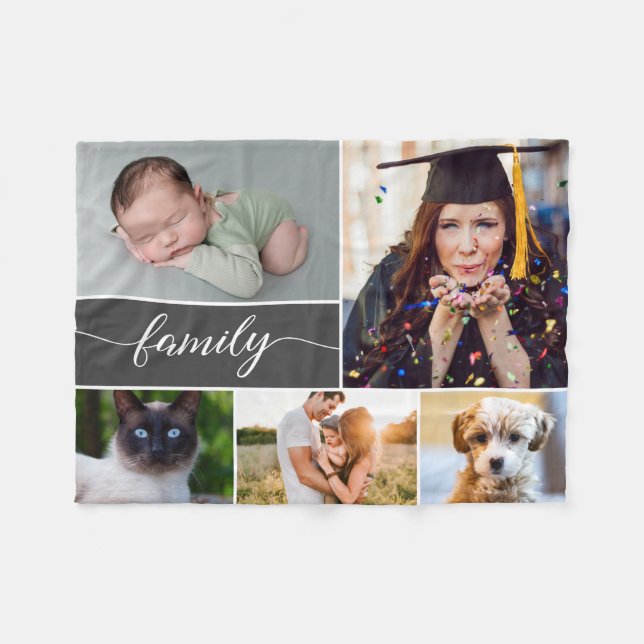 Family Script Multiple photo collage Fleece Blanket (Front (Horizontal))