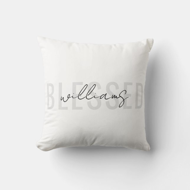 Family Script Name Gift Blessed Holiday White Throw Pillow (Front)