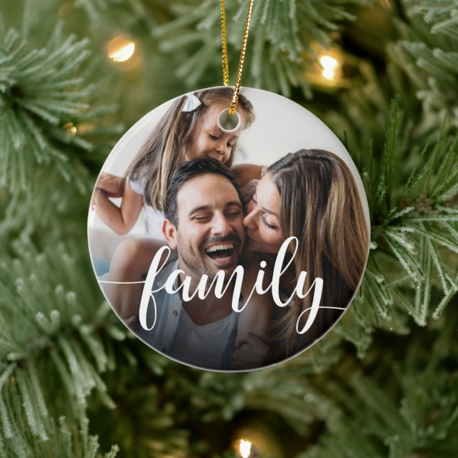 Family Script Overlay Photo Ceramic Ornament (Tree)