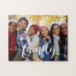 Family Script Overlay Photo Jigsaw Puzzle<br><div class="desc">Customize this photo puzzle with a favorite horizontal or landscape oriented family photo,  with "family" splashed across as a text overlay in white calligraphy script lettering.</div>