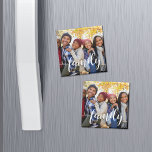 Family Script Overlay Photo Magnet<br><div class="desc">Share a favorite everyday,  vacation or family photo on our square magnets featuring "family" in modern white handwritten script along the bottom. Makes a great stocking stuffer for grandparents!</div>
