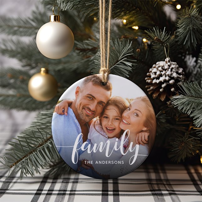 Family Script Overlay Photo & Name Ceramic Ornament (Creator Uploaded)